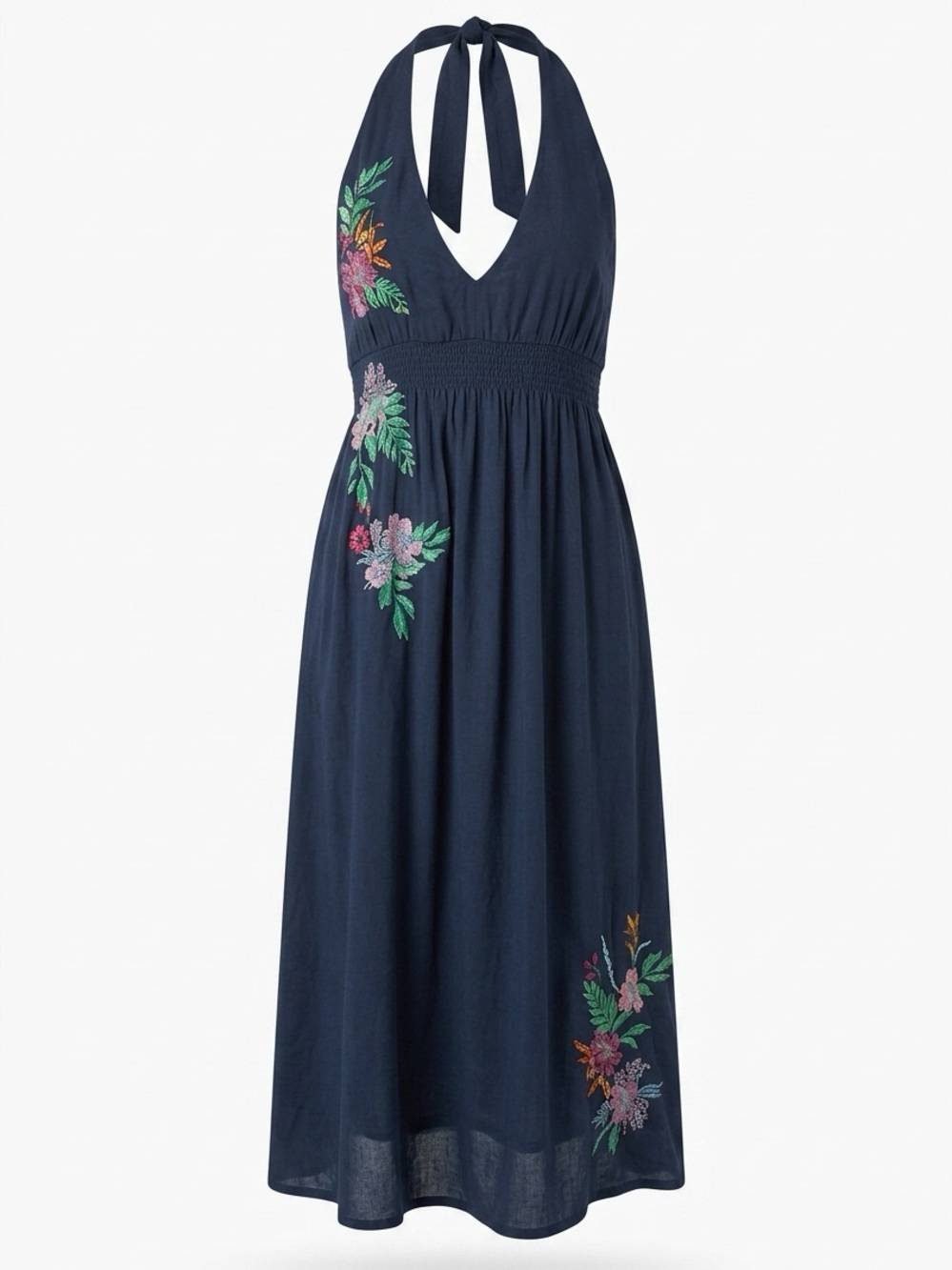 Backless Navy Halter Maxi Dress with Floral Embroidery